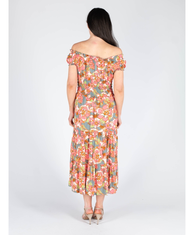 GATHERED NECKLINE PRINTED DRESS CAP SLEEVE