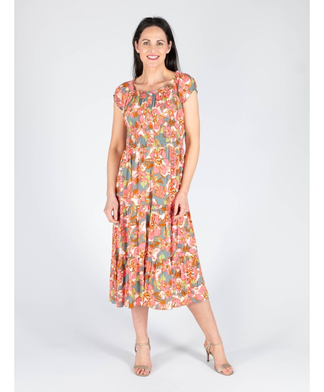GATHERED NECKLINE PRINTED DRESS CAP SLEEVE