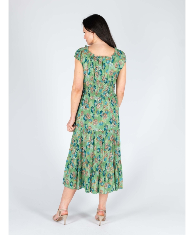 FLORAL PRINT GATHERED NECKLINE DRESS CAP SLEEVE 