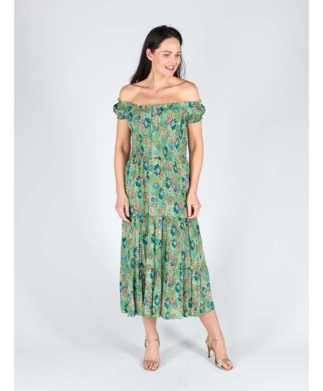 FLORAL PRINT GATHERED NECKLINE DRESS CAP SLEEVE 