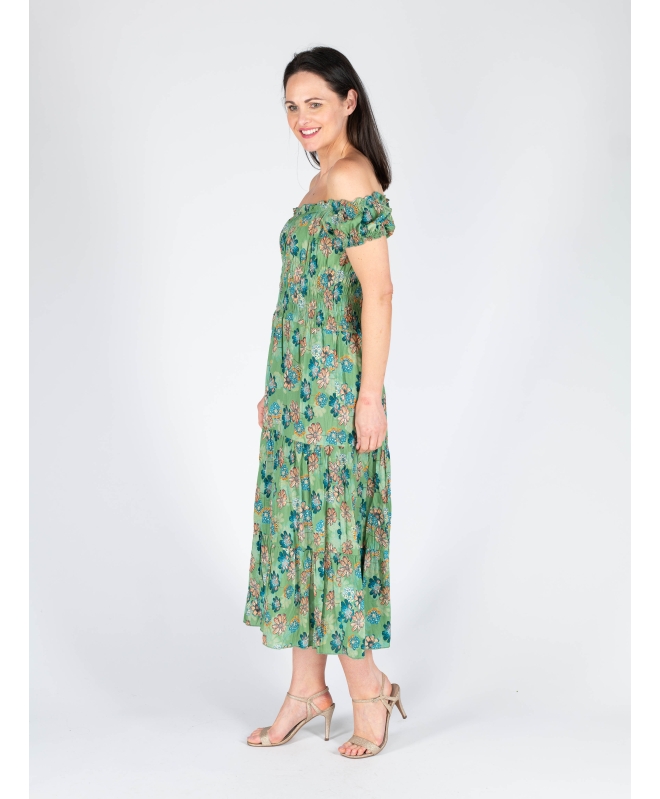 FLORAL PRINT GATHERED NECKLINE DRESS CAP SLEEVE 
