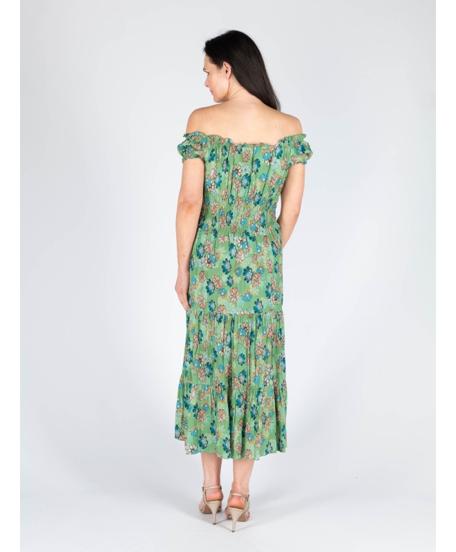 FLORAL PRINT GATHERED NECKLINE DRESS CAP SLEEVE 