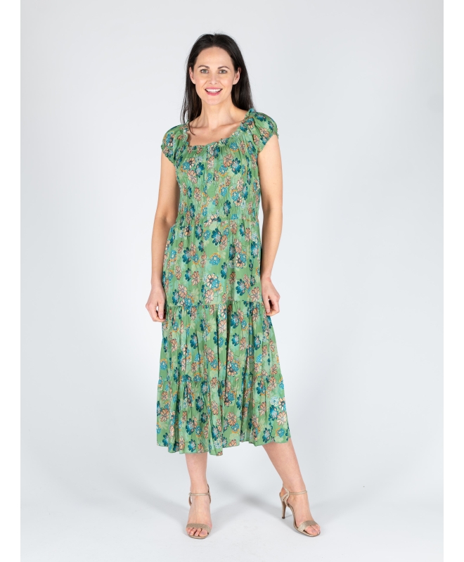FLORAL PRINT GATHERED NECKLINE DRESS CAP SLEEVE 