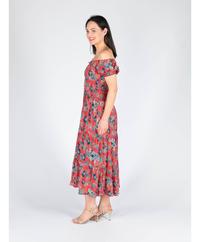 FLORAL PRINT GATHERED NECKLINE DRESS CAP SLEEVE 
