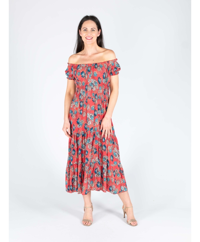 FLORAL PRINT GATHERED NECKLINE DRESS CAP SLEEVE 