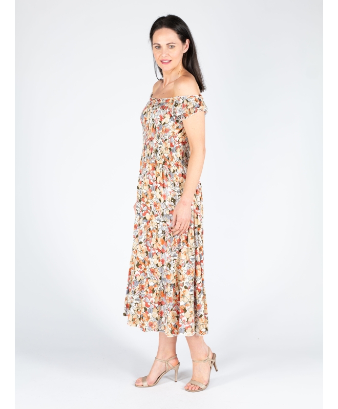 CAP SLEEVE PRINTED GATHERED NECKLINE DRESS 