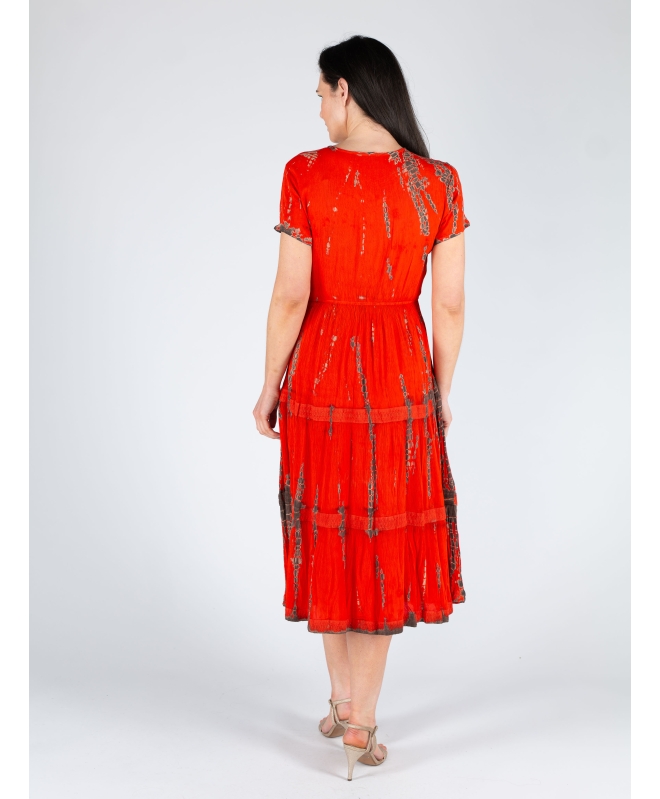 RED TIE DYE DRESS V NECK SHORT SLEEVE