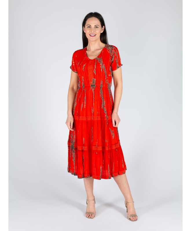 RED TIE DYE DRESS V NECK SHORT SLEEVE