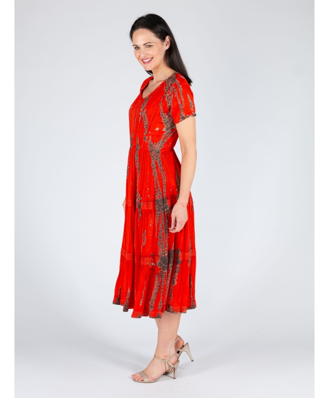 RED TIE DYE DRESS V NECK SHORT SLEEVE