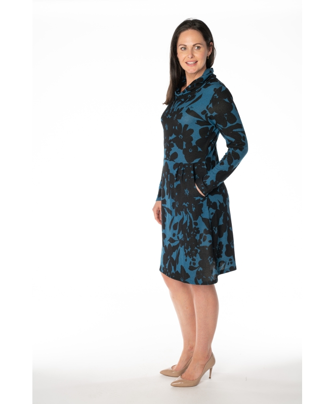 FLORAL SHADOW PRINT COWL NECK DRESS