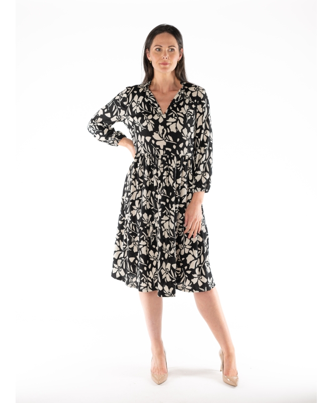 FLORAL PRINT V NECK LONG SLEEVE DRESS