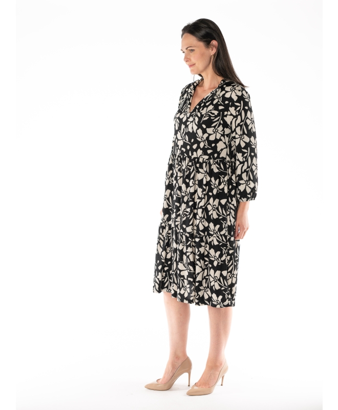 FLORAL PRINT V NECK LONG SLEEVE DRESS