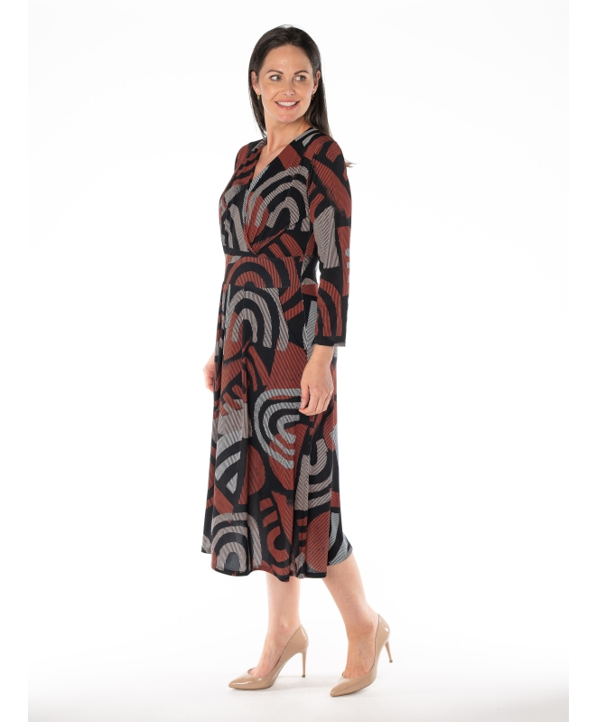 V-NECK CROSS OVER PRINTED DRESS LONG SLEEVE