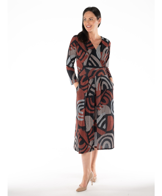 V-NECK CROSS OVER PRINTED DRESS LONG SLEEVE