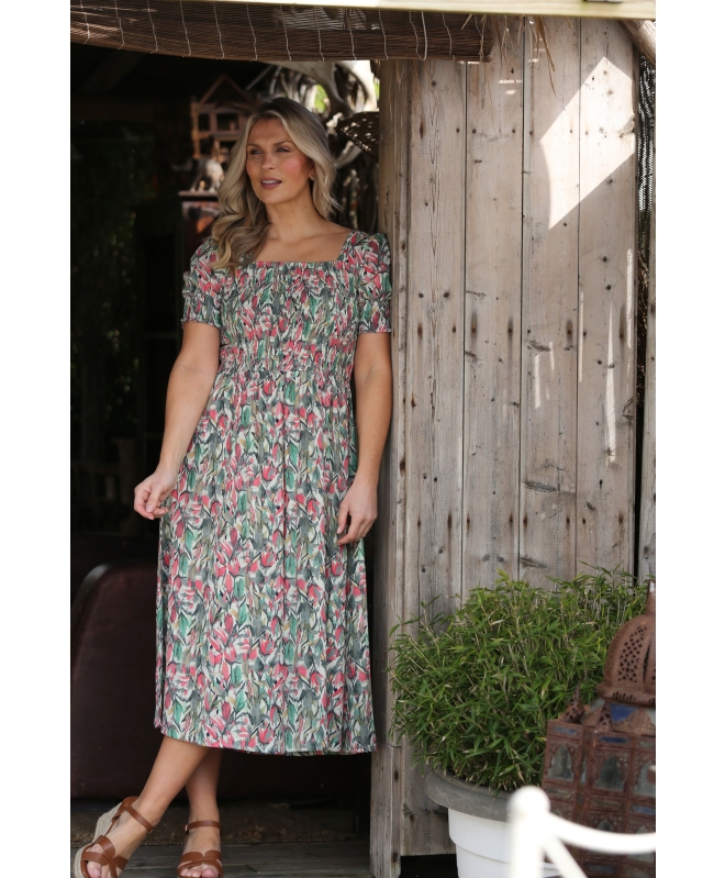 MULTI PRINT SQUARE NECK FLORAL PRINT CRINKLE DRESS