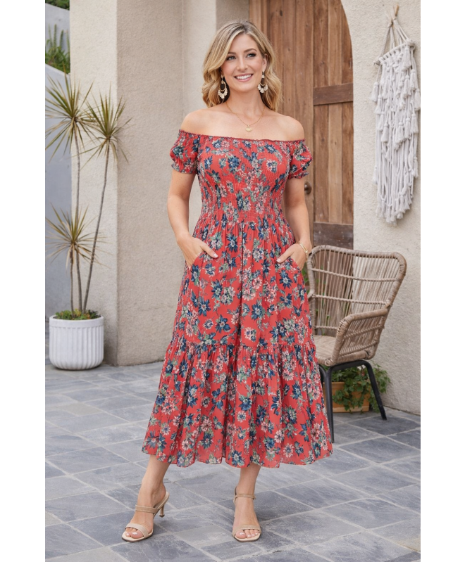 FLORAL PRINT GATHERED NECKLINE DRESS CAP SLEEVE 