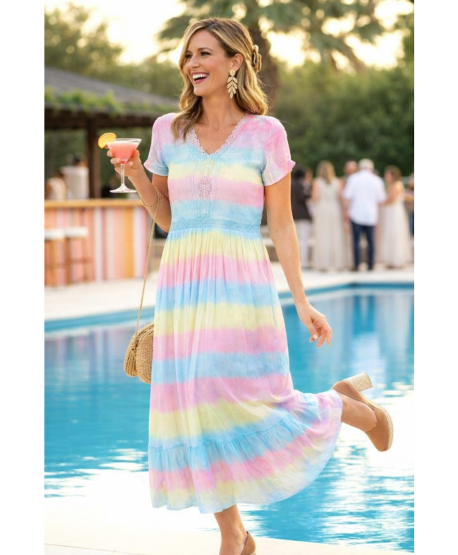 EMBROIDERY DRESS V NECK SHORT SLEEVE