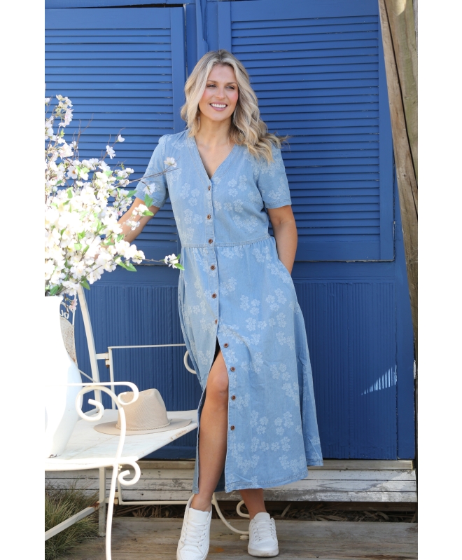 FLOWER EMB. BUTTON FRONT DENIM DRESS V-NECK