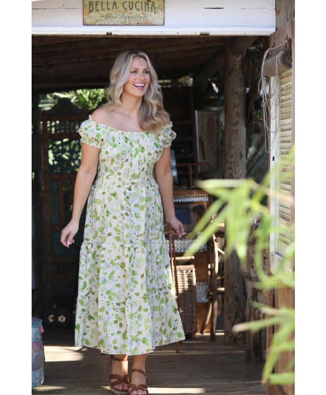 GREEN PRINTED GATHERED NECKLINE DRESS CAP SLEEVE