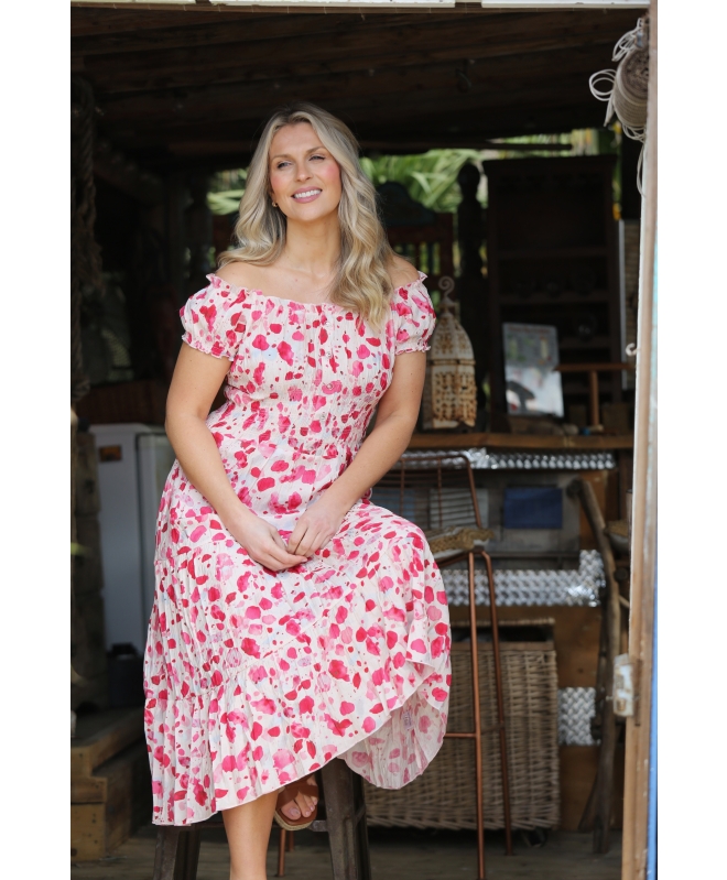 PINK PRINTED GATHERED NECKLINE DRESS CAP SLEEVE