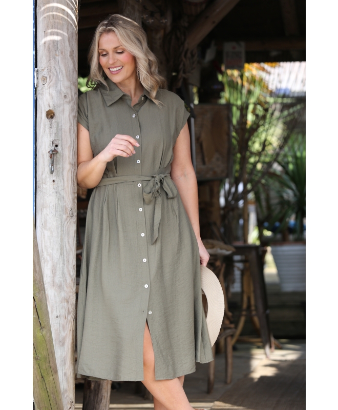 KHAKI LINEN LOOK DRESS COLLAR FRONT BUTTON BELT