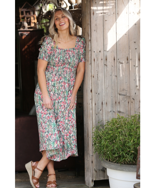 MULTI PRINT SQUARE NECK FLORAL PRINT CRINKLE DRESS