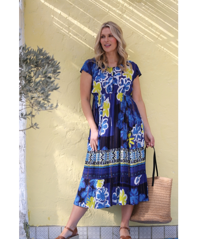 FLOWER BORDER PRINT DRESS WITH CAP SLEEVE