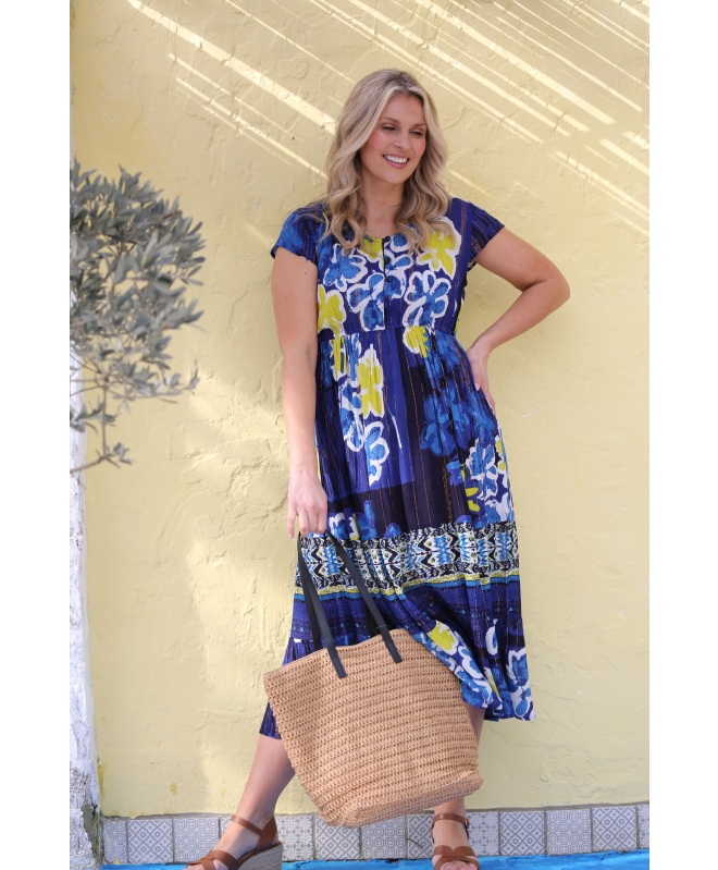 FLOWER BORDER PRINT DRESS WITH CAP SLEEVE