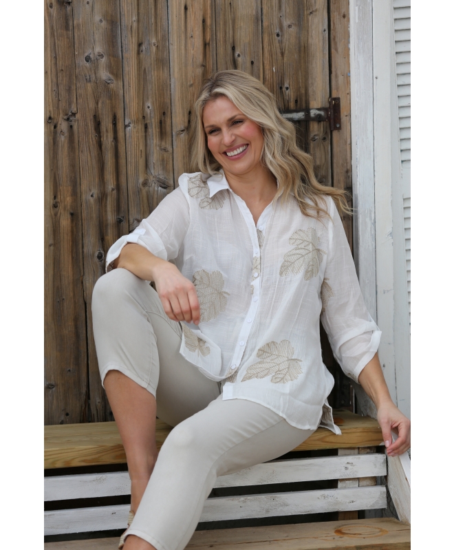 WHITE BEIGE BIG LEAF PRINT BLOUSE WITH 3/4 SLEEVE