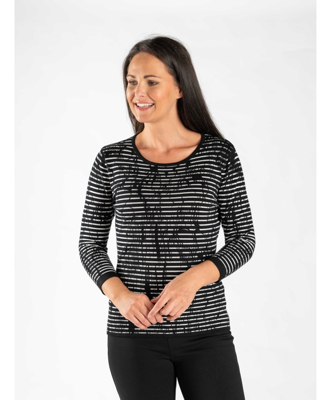BLACK WHITE STRIPE PRINTED JUMPER ROUND NECK 3/4 SLEEVE