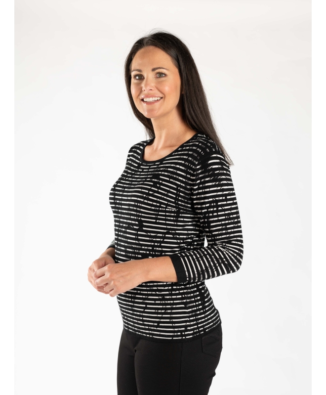BLACK WHITE STRIPE PRINTED JUMPER ROUND NECK 3/4 SLEEVE