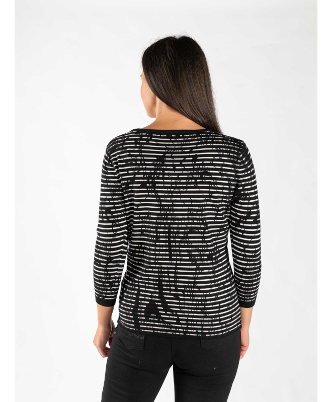 BLACK WHITE STRIPE PRINTED JUMPER ROUND NECK 3/4 SLEEVE