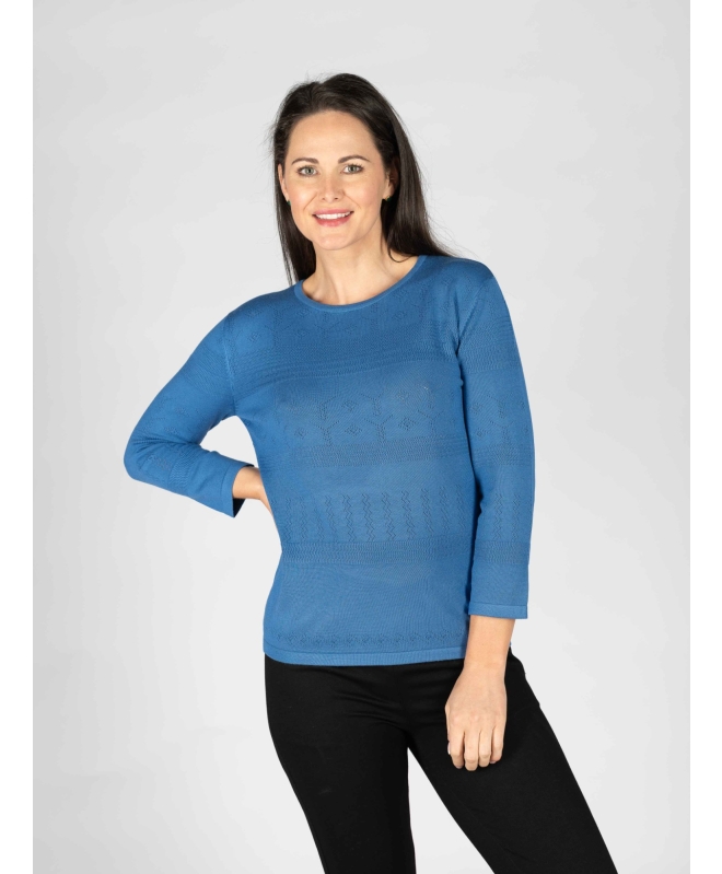 Blue Pointelle Jumper Round Neck with 3/4 Sleeve