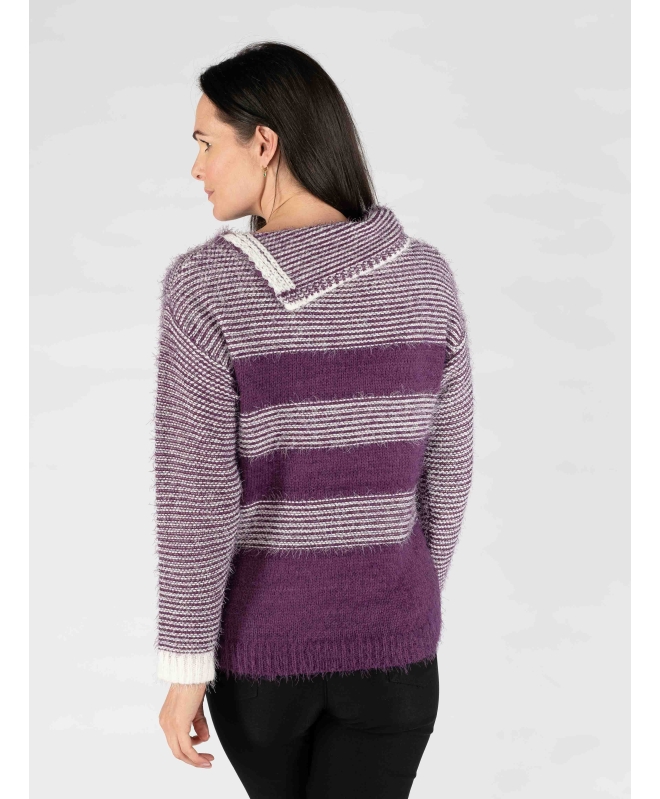 Purple Color Fluffy stripe cowl neck jumper long sleeve
