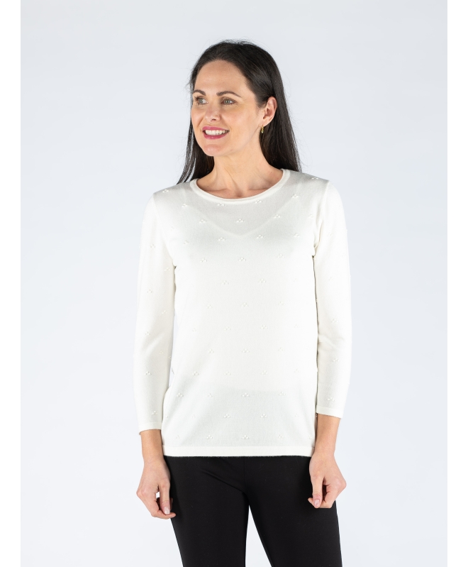 WHITE TEXTURED SPOT JUMPER WITH 3/4 SLEEVE