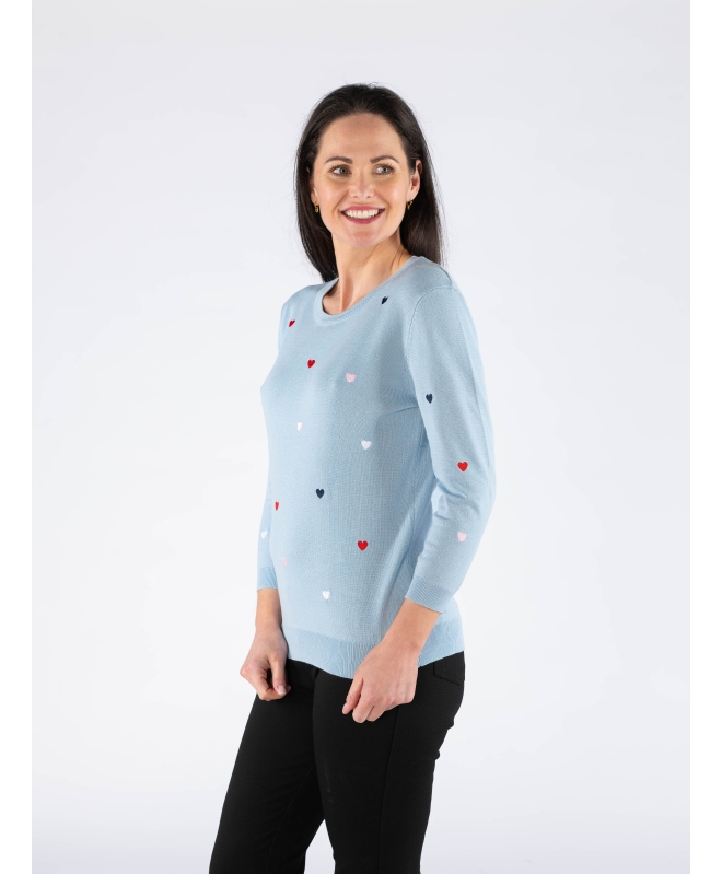 HEART EMBROIDERY 3/4 SLEEVE JUMPER AND ROUND NECK