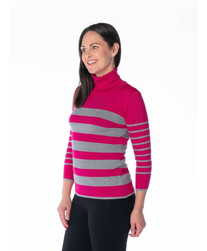 CERISE GREY ROLL NECK STRIPED JUMPER 3/4 SLEEVE