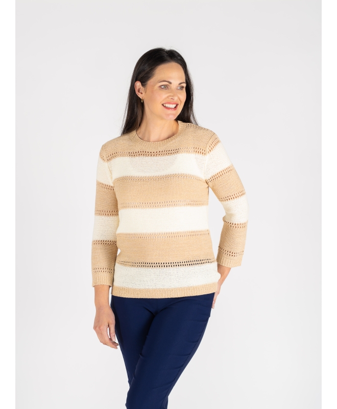 WIDE STRIPE ROUND NECK JUMPER 3/4 SLEEVE
