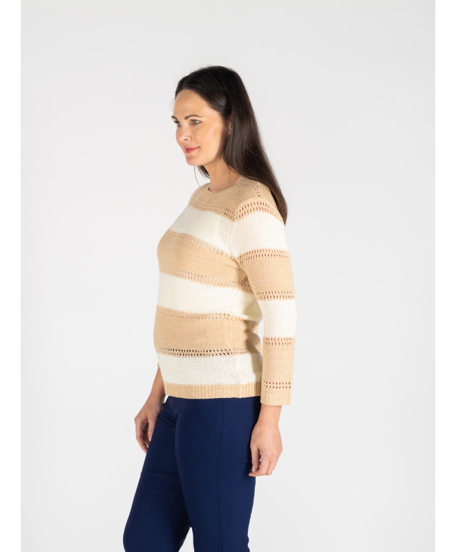WIDE STRIPE ROUND NECK JUMPER 3/4 SLEEVE
