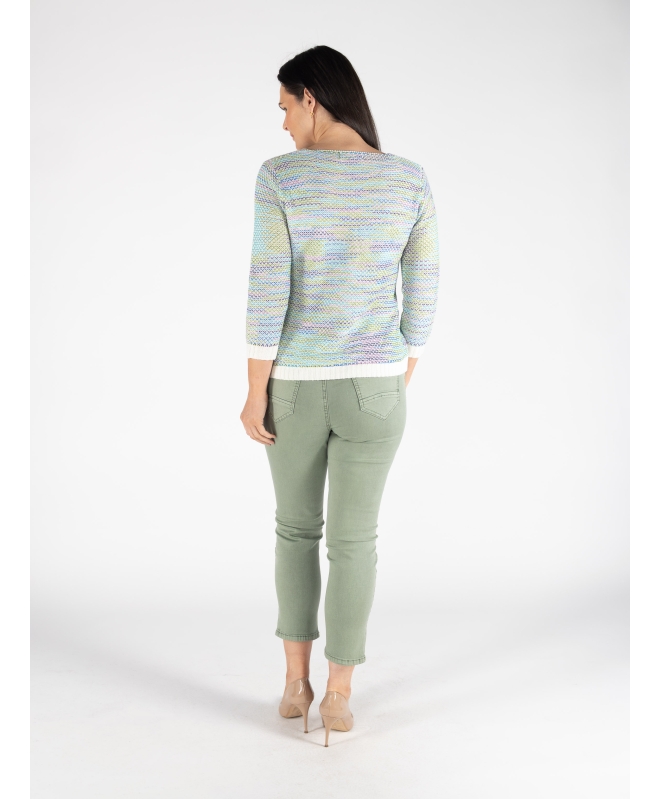 Green Multi Knit Jumper Contrast Cuff 3/4 sleeve
