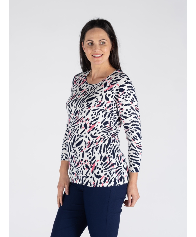 PINK NAVY ANIMAL PRINT JUMPER ROUND NECK 3/4 SLEEVE