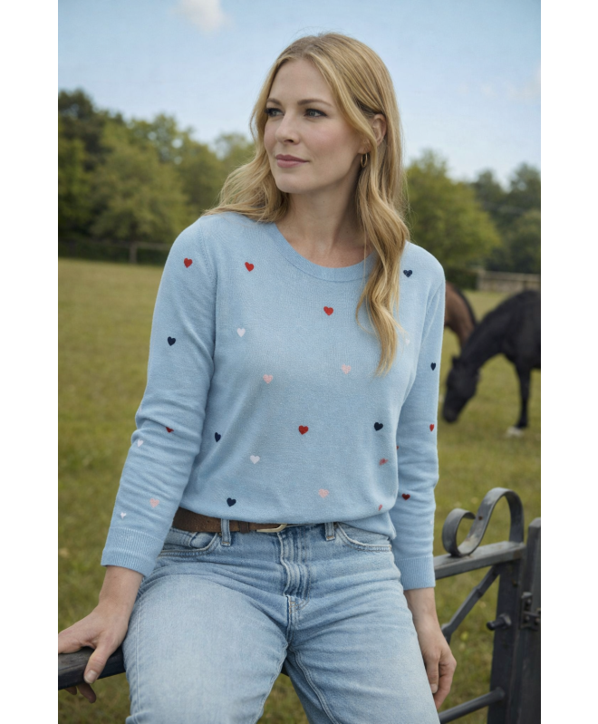 HEART EMBROIDERY 3/4 SLEEVE JUMPER AND ROUND NECK