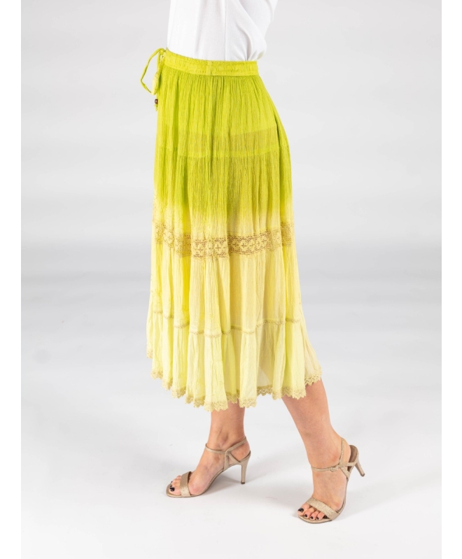 Lime Ombre skirt with embroidery and lace trim elasticated waist and tie 29 inch