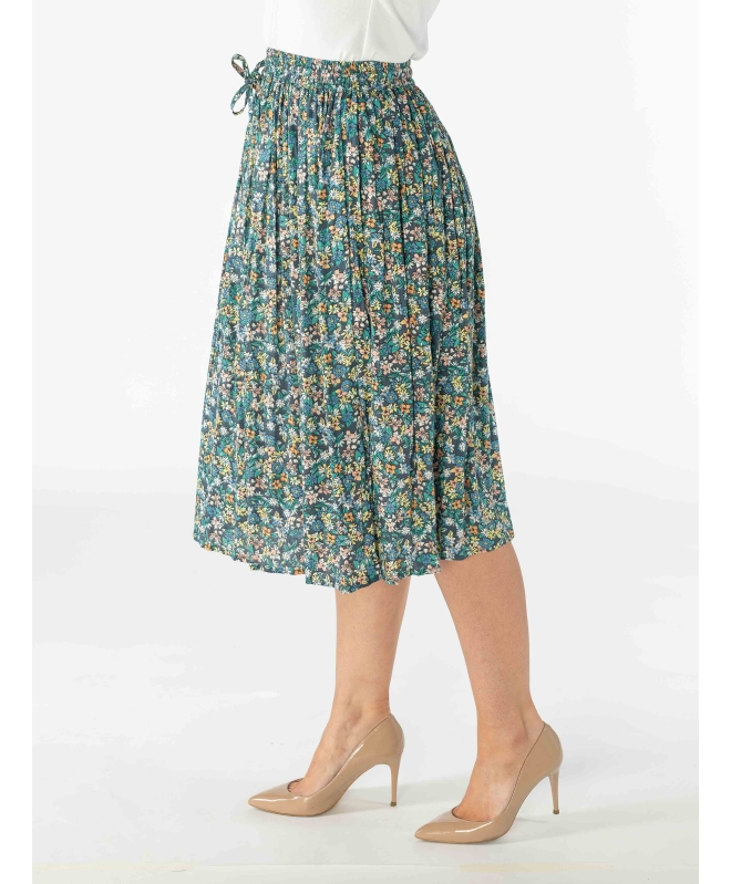 GREEN MULTI DITSY FLORAL CRINKLE SKIRT WITH ELASTICATED