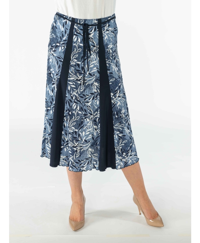 Blue print skirt with elasticated waist contrast panels and tie belt