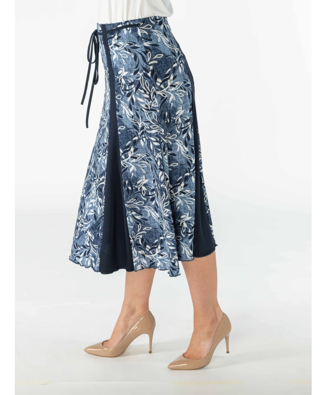 Blue print skirt with elasticated waist contrast panels and tie belt