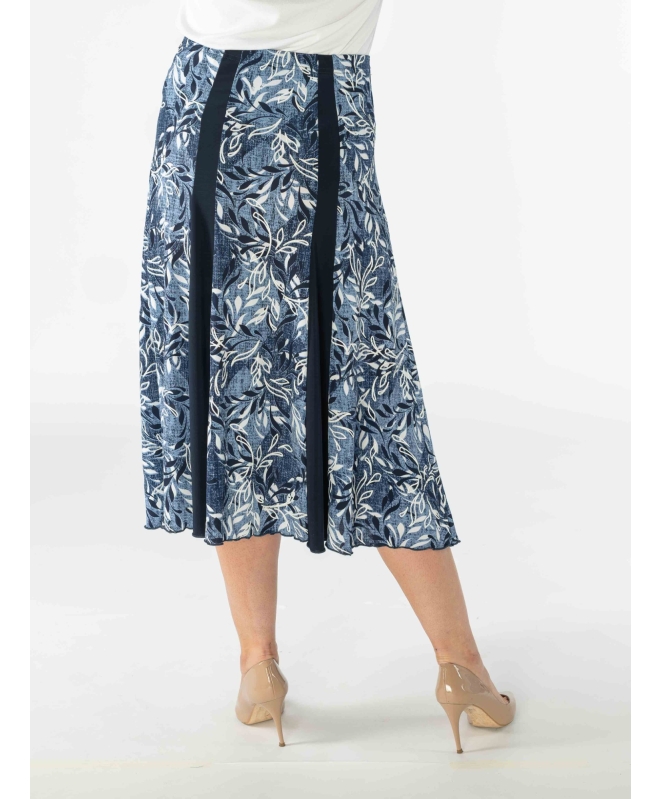 Blue print skirt with elasticated waist contrast panels and tie belt