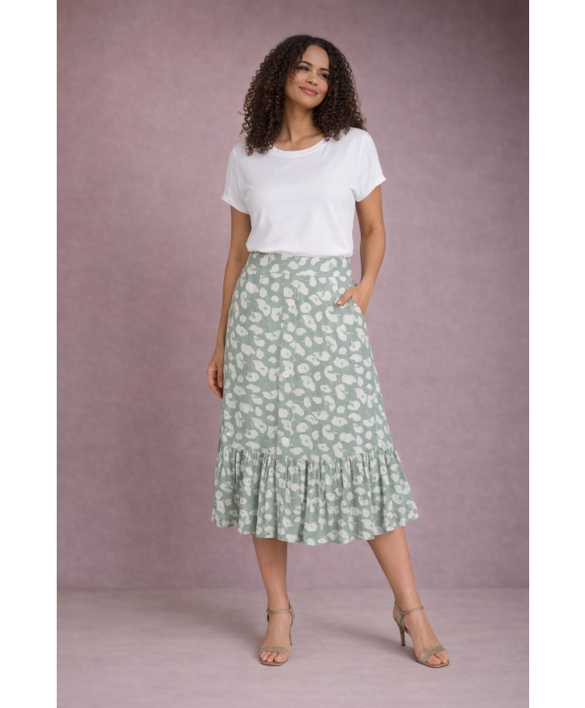 MINT PRINT FRONT BUTTON CRINKLE SKIRT  BOTTOM FRILL