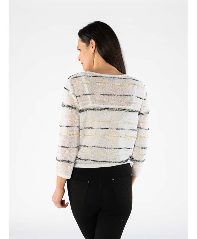 WHITE MULTI STRIPE PATTERN SHRUG WITH 3/4 SLEEVE