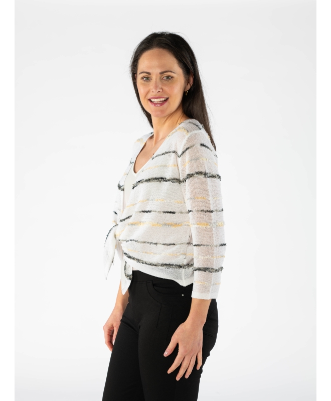WHITE MULTI STRIPE PATTERN SHRUG WITH 3/4 SLEEVE
